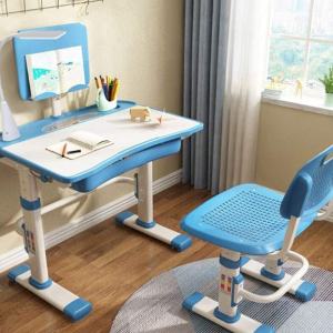Kids Desk and Chair Set, Height Adjustable Children School Study Desk with Tilt Desktop, Bookstand, LED Lamp, Metal Hook and Storage Drawer for Boys Girls, Blue