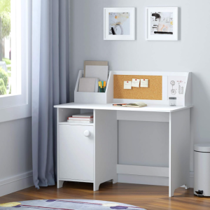 Kids Study Desk with Storage, Wooden Children School Study Table with Hutch and Storage Cabinet for 3-8 Years Girls Boys, Student's Study Computer Workstation Writing Table, White