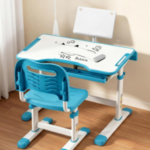 Kids Functional Desk and Chair Set, Ergonomic Height Adjustable Children School Study Desk with Tilt Desktop, Book Stand, LED Light, Metal Hook and Storage Drawer for Boys Girls(Blue)