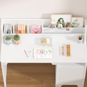 White Kids Desk with Chair, Study Desk for Boys Girls with Hutch, Storage Cabinet, Wooden Children Study Table, Student Writing Desk Computer Workstation for Kids Bedroom & Study Room,White